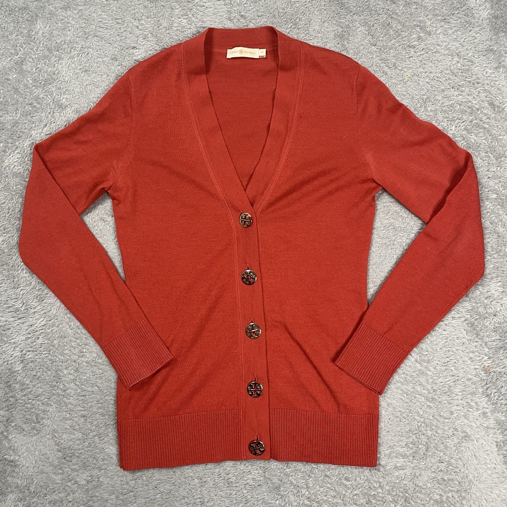 Tory Burch Sweater Womens Petite Small Orange Merino Wool Cardigan Logo Button
